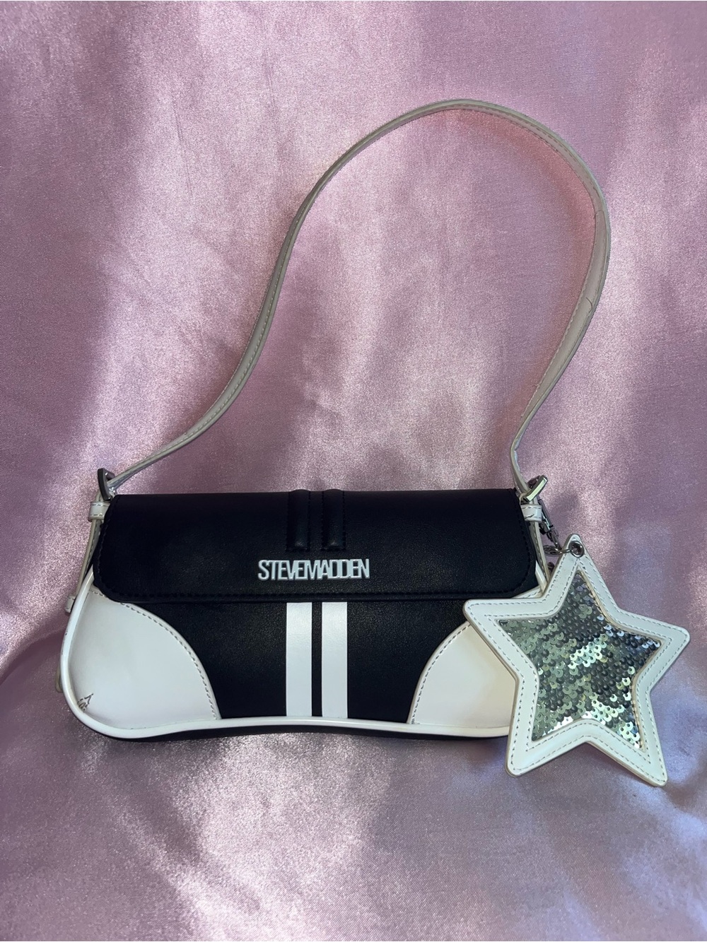 Steve Madden Black and White Shoulder Bag with Sequin Star Charm